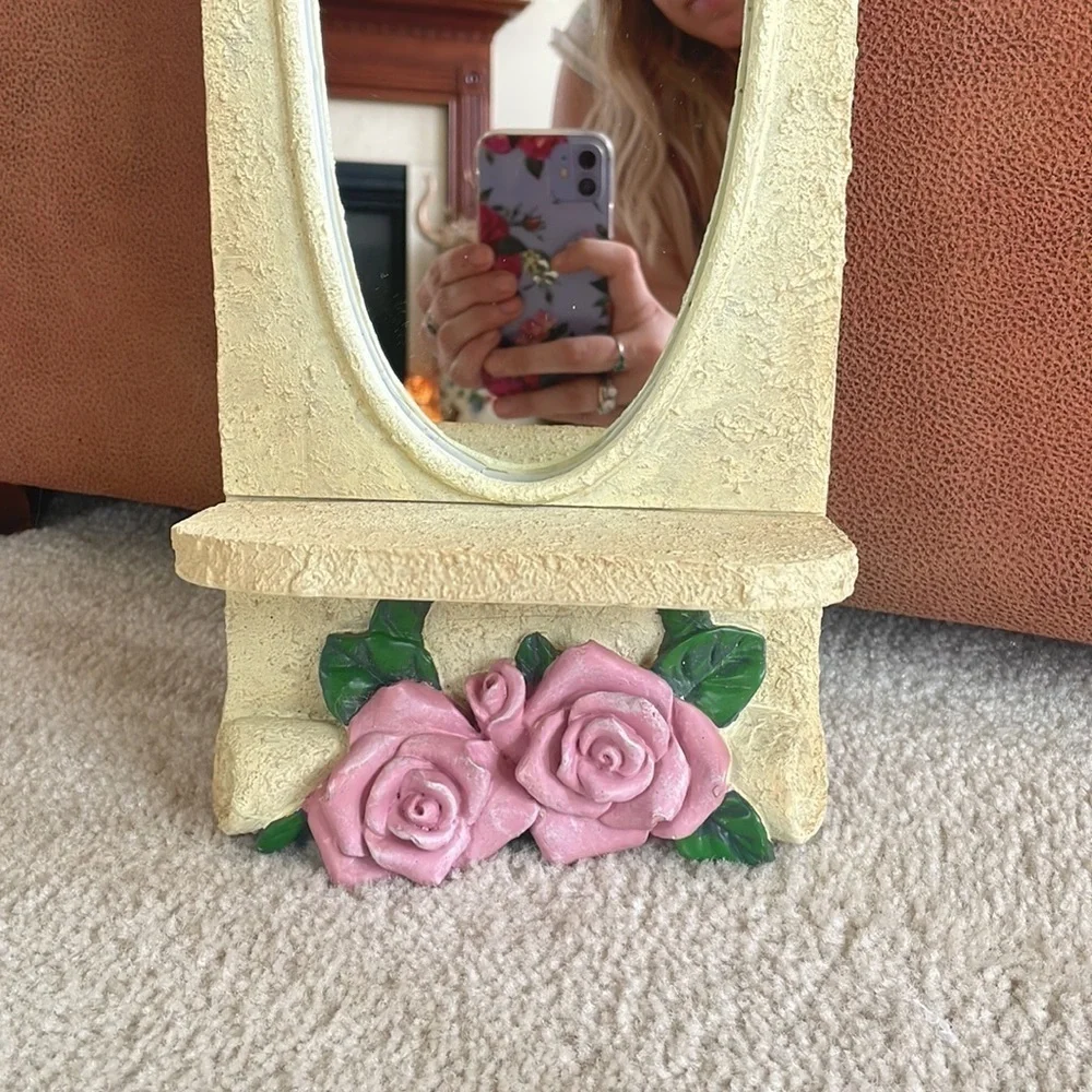 Vintage Victorian Roses Vines Cream Scroll Oval Mirror w/ Ledge Floral Antique
